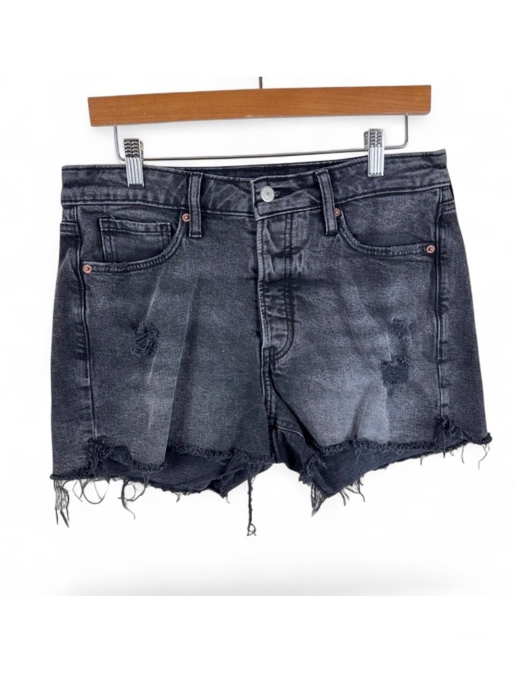 Old Navy OG Straight High Rise Button Fly Distressed Denim Shorts Black Women 12